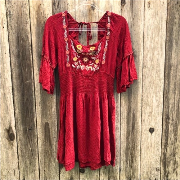 NWT Francesca’s Blue Rain Dress Red Embroidered Small - Picture 1 of 7